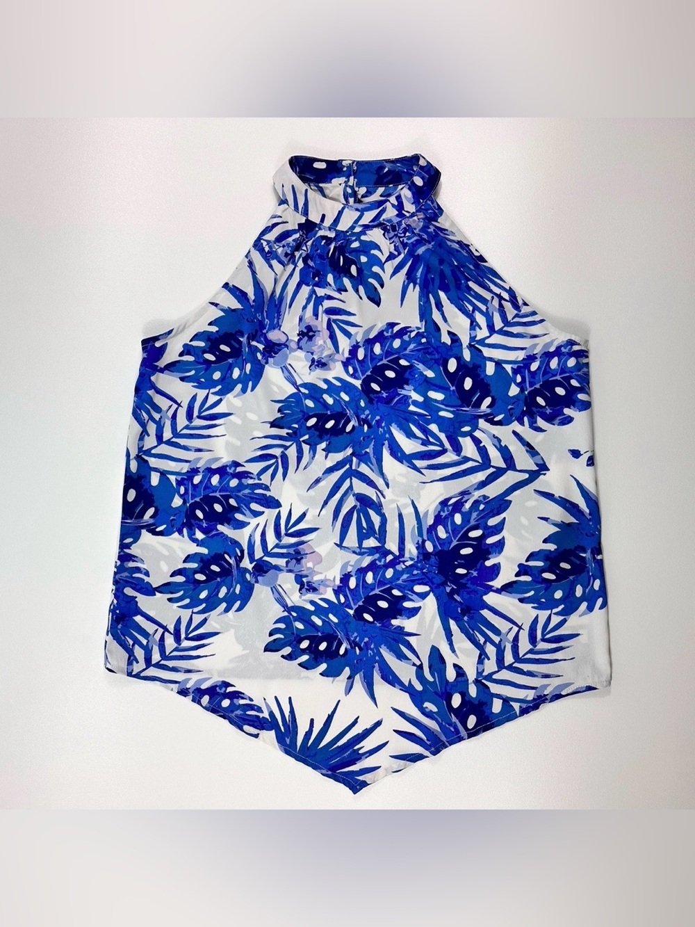 Hawaiian Petite Tropical Leaf Blouse NWT Blue White Resort Vacation Top PS